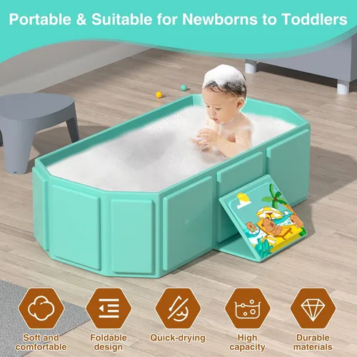 Vista 4 de Bañera plegable portátil para bebé, 29.5 pulgadas de largo x 17.7 pulgadas de ancho x 9.8 pulgadas de alto, adecuada para 0-6 años, rosa/verde menta