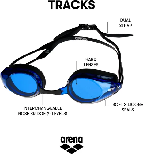 Vista 2 de Arena Tracks Gafas de natación unisex para adultos esenciales para carreras competitivas de natación, aprobadas por FINA, con lente antiniebla