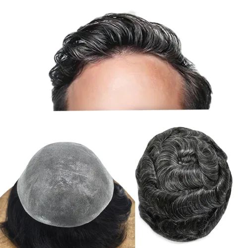 Vista 19 de Pieza de pelo para hombre, sistema de reemplazo de cabello de piel ultra fina para hombres, pieza de pelo de tupé para hombres, cabello humano real