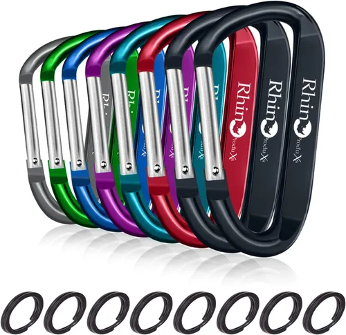 Vista 9 de Rhino Produxs 8PCS Lightweight Snap Carabiner Clips, D Ring Shape 8PCS Keyring Included, Outdoor & Camping, Hiking, Water Bottle Hook