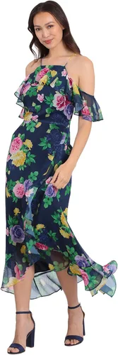 Vista 2 de London Times Vestido largo con hombros descubiertos y cuello halter para mujer, con volantes femeninos, ocasión para invitada de fiesta en el jardín