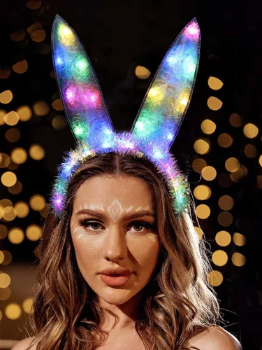 Vista 5 de Catery Diadema con luces LED, orejas de conejo, diadema rave, diadema de conejo, diadema de conejo, aro de cabeza brillante, carnaval, Halloween