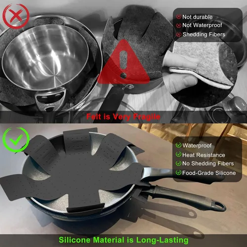 Vista 3 de Protectores de ollas y sartenes, almohadilla protectora de silicona de 3 piezas, protector de sartén apilable. Tiene un diseño único de apertura