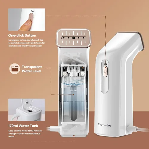 Vista 6 de Newbealer - Plancha de vapor 2 en 1, cerámica antiadherente, 5.7 fl oz, apagado automático, solo 120 V Beginner-Friendly, Heats in 25s, 360°