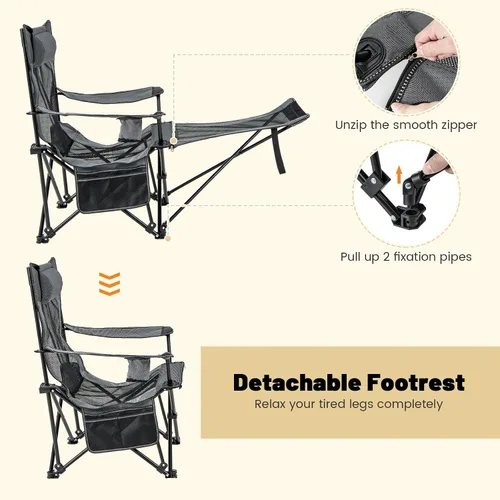 Vista 5 de GYMAX Silla de campamento, silla reclinable ajustable con reposapiés extraíble, almohada acolchada, portavasos y bolsillo lateral, silla plegable