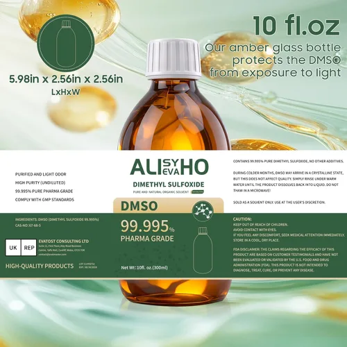 Vista 6 de DMSO 10 oz (pureza 99.995%) grado farmacéutico Sulfóxido de dimetilo, embalaje de botella de vidrio de 10 onzas