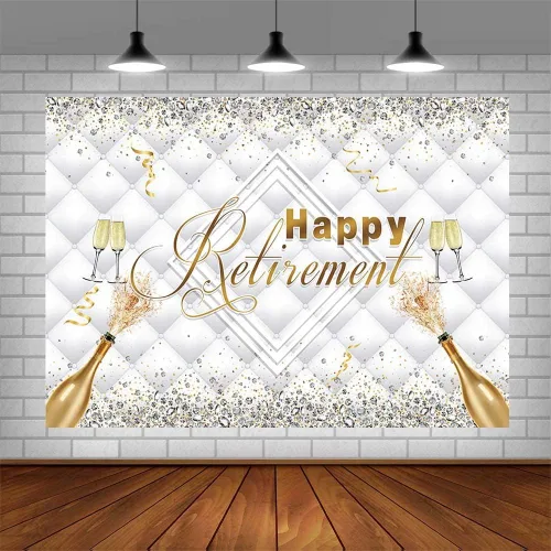 Vista 5 de SENDY Telón de fondo de feliz jubilación de 7 x 5 pies con purpurina de diamante dorado plateado para decoración de fiesta, felicitaciones