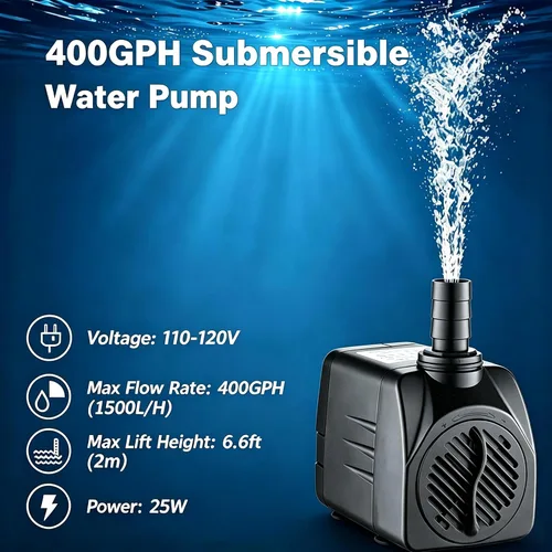 Vista 2 de Bomba de agua sumergible silenciosa 400GPH para fuentes de acuarios con 3 boquillas