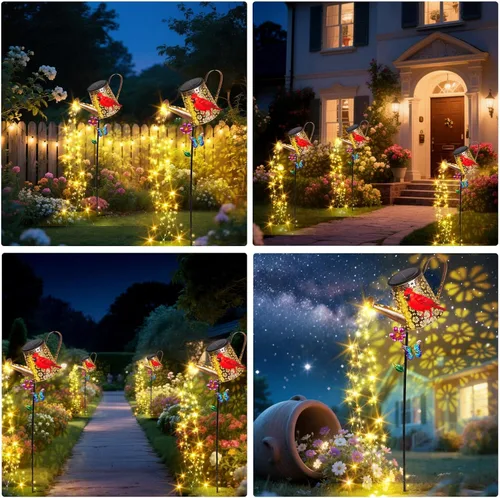 Vista 7 de Luces solares para exteriores decorativas, luces de riego solar de metal de 39.4' con cardenal rojo, estaca impermeable para jardín, césped, patio