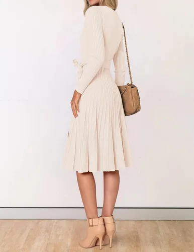 Vista 3 de ZESICA Vestido de Suéter para Mujer de Otoño de Manga Larga con Cuello en V Envolvente de Punto Acanalado Plisado Línea A Pullover con Cinturón