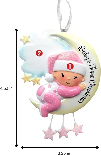 Vista 4 de 2025 Adorno de Primera Navidad del Bebé - Niña en la Luna - Recuerdo Personalizado de Vacaciones – Adorno Personalizado de Mi Primera Navidad