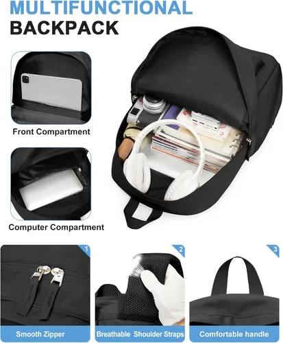 Vista 5 de VGCUB Mochilas escolares con libros, bolsa de viaje, mochilas escolares para niñas, mochila estética ligera para escuela, niñas y niños, a3-Negro