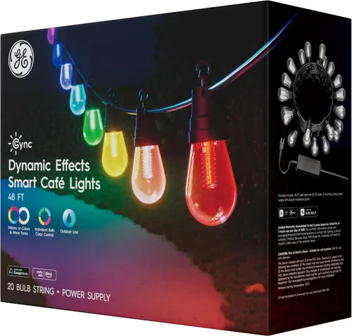 Vista 2 de GE Cync Luces inteligentes para café con efectos dinámicos, luces de cadena para patio que cambian de color, compatibles con Alexa y Google, 48 pies