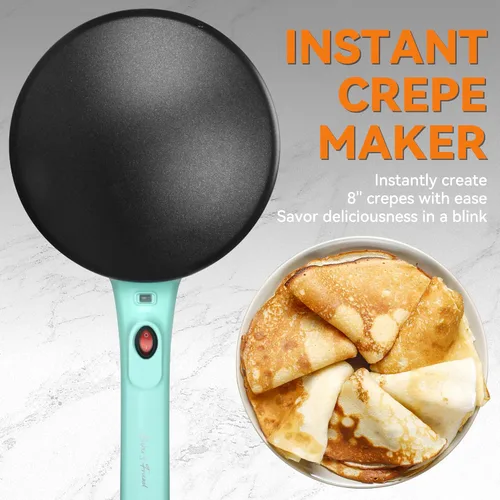 Vista 2 de Baker's Friend Crepera Electrica - Máquina para hacer crepas instantánea con asa, superficie de cocción antiadherente de 8 pulgadas, color aguamarina