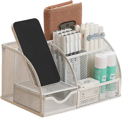 Vista 4 de Organizador de artículos de escritorio de malla metálica para oficina, soporte para lápices, brochas de maquillaje, organizador de cosméticos