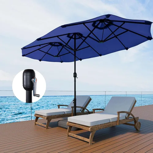 Vista 3 de Shintenchi Sombrilla grande de patio de 13 pies con base, sombrilla rectangular doble cara para exteriores con asa de manivela para césped junto a
