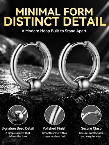 Vista 4 de ChainsHouse Huggie Hoop Earrings for Men Women, Stainless Steel A: Aro de cuentas (1 par) - Plata