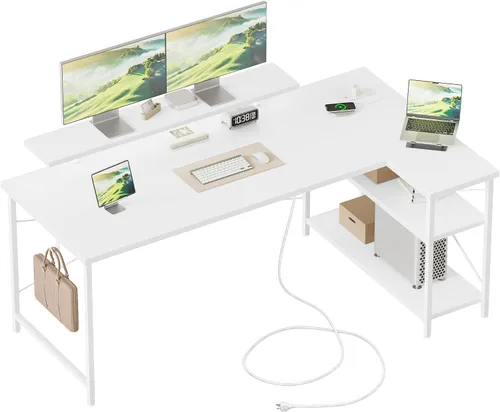 Vista 29 de Mericonia Escritorio pequeño en forma de L para computadora con tomas de corriente, escritorio de juegos para espacios pequeños, escritorio