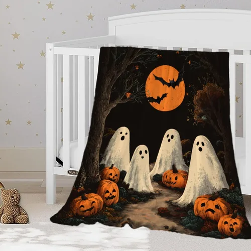 Vista 19 de YeeJu Manta de Halloween de calabaza espeluznante vintage para bebé y mascota, acogedora, suave y mullida, manta de forro polar de felpa para sofá