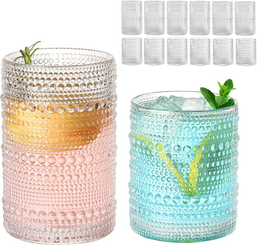 Vista 10 de ZMOWIPDL Juego de Cristalería Vintage de 12 Vasos para Beber, Azul 12oz y 15oz Vasos de Vidrio Hobnail, Vaso de Agua en Relieve, para Cerveza
