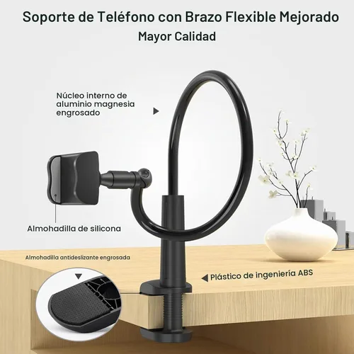Vista 4 de Soporte para Teléfono de Cama con Cuello de Cisne – Brazo Flexible Montaje de Clip 360 Soporte Ajustable con Abrazadera Compatible con Teléfono