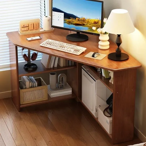 Vista 8 de Escritorio esquinero triangular, escritorios en forma de L, escritorio pequeño para computadora, escritorio de oficina pequeño con estantes