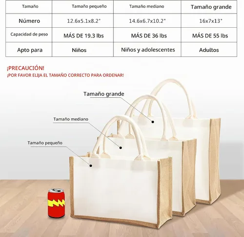 Vista 5 de Bolsa de yute de 14.5 x 6.7 x 10.2 pulgadas, 1 bolsa de arpillera, bolsas de viaje de yute con asa, bolsa de comestibles reutilizable para dama