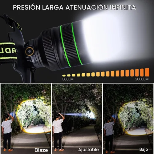 Vista 3 de Linterna frontal recargable LED súper brillante de 2000 lúmenes, lámpara de cabeza con zoom con 5 modos de iluminación, ajustable a 90° e