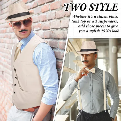 Vista 5 de Disfraz de los años 20 para hombre, atuendo con accesorios, chaleco de gángster de Gatsby, sombrero de fieltro, reloj de bolsillo vintage, tirantes