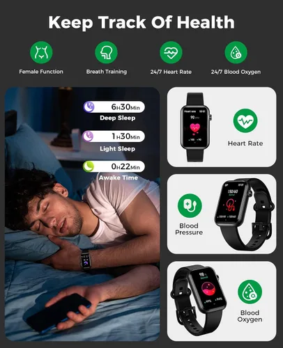 Vista 3 de Reloj Inteligente Rastreador de Fitness (Responder/Hacer Llamadas), Monitor de Frecuencia Cardíaca Spo2 Presión Arterial 24/7 Rastreador de Sueño