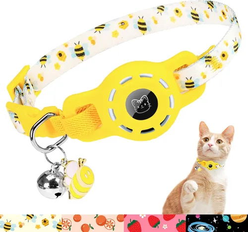 Vista 8 de BINGPET AirTag - Collar de gato con campanas, collar elástico de seguridad mejorado con soporte para collar de gato Airtag, collares de gato
