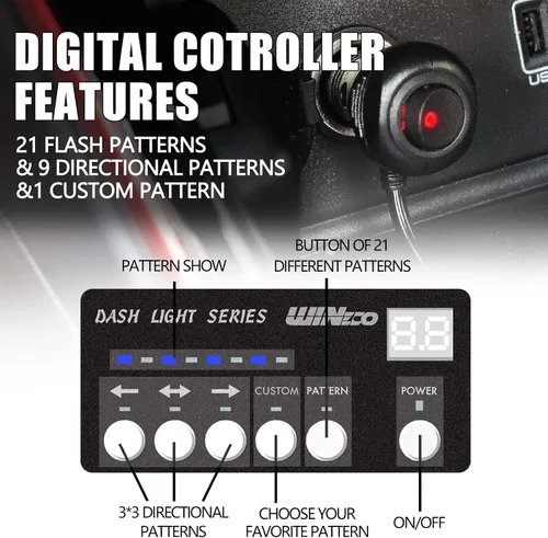 Vista 7 de Luces estroboscópicas de emergencia en ámbar para salpicadero WINECO con pantalla digital, controlador de advertencia de seguridad, barra de luz