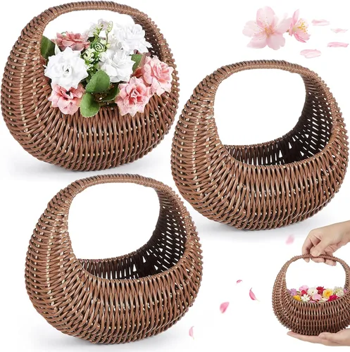 Vista 8 de Taiyin Paquete de 3 cestas de mimbre de mimbre de paja de media luna con asa, ideal para boda, niña, picnic, almacenamiento de jardín y decoración