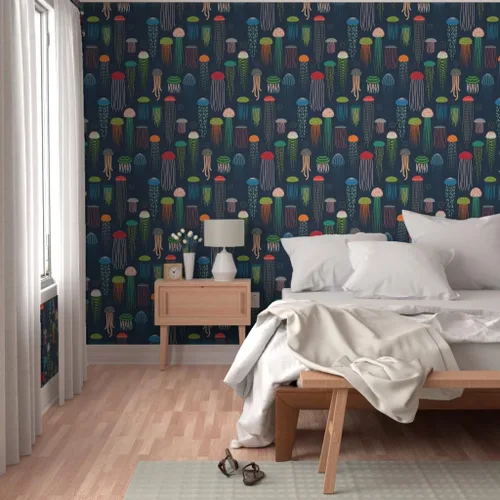 Vista 5 de Muestras de papel tapiz para despegar y pegar, medusas brillantes y modernas, animales coloridos océanos, natación, criaturas marinas, decoración