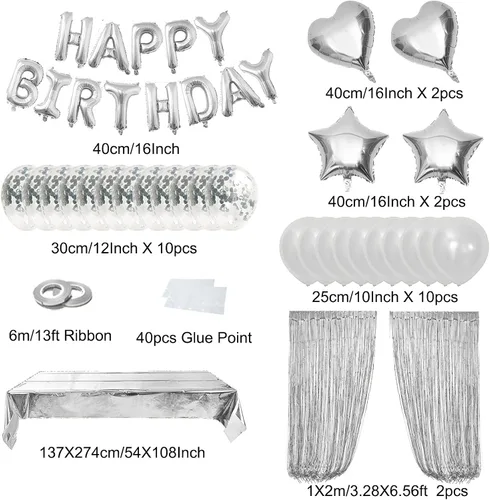 Vista 2 de Decoraciones de cumpleaños plateadas: pancarta de feliz cumpleaños de aluminio, mantel, cortinas de flecos, bandera de pastel, globos de estrella