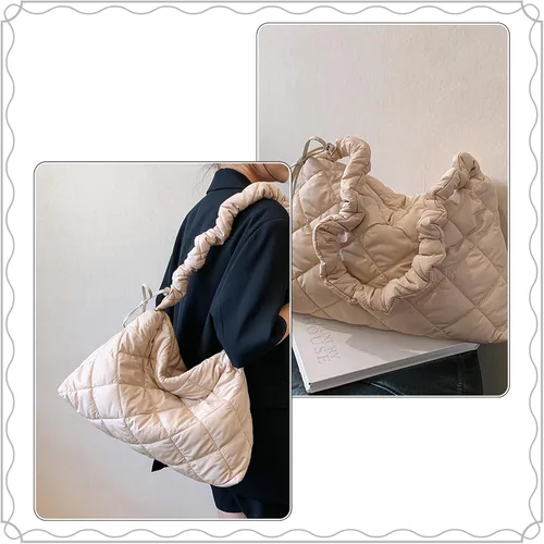 Vista 4 de Ovida Bolso grande para mujer, acolchado, de algodón, acolchado, para el hombro, para invierno, cálido, ligero, con cremallera