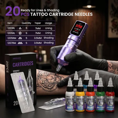 Vista 6 de Wormhole Tattoo Kit de pistola con patrón de calavera para forro y Dos púrpura