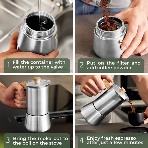 Vista 9 de WALDWERK Cafetera Moka de Acero Inoxidable (10 oz) - Cafetera Moka Libre de Tóxicos con Mango de Madera de Roble - Cafetera de Estufa para Espresso