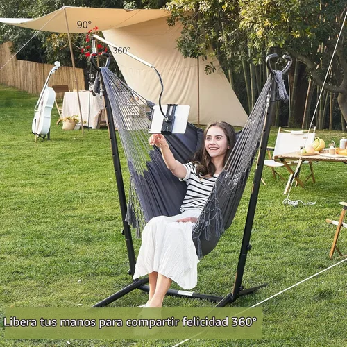 Vista 4 de Hamaca con soporte y soporte para teléfono incluido Silla colgante doble de macramé estilo boho hecha a mano, columpio ajustable para interiores
