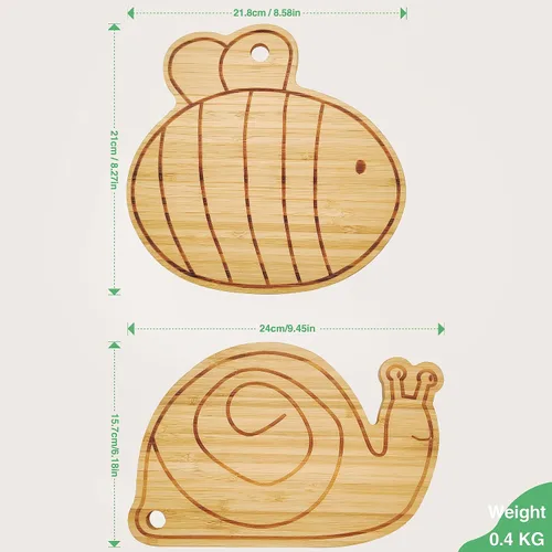 Vista 2 de Youkoo Juego de tabla de cortar de bambú pequeña, mini tabla de cortar de madera de frutas, tabla de queso con forma de caracol y abeja