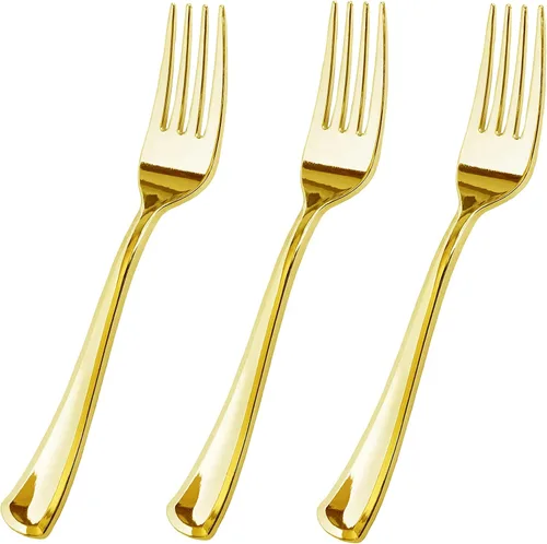 Vista 8 de Juego de cubiertos de plástico dorado de 120 piezas, reutilizables y reciclables, utensilios de plástico dorado para bodas, aniversarios, duchas