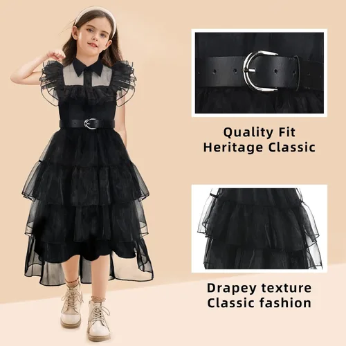 Vista 2 de Wednesday Addams - Disfraz para niñas con cinturón, vestido de miércoles para niños, cosplay, Halloween, cumpleaños, fiesta familiar, 4-14 años