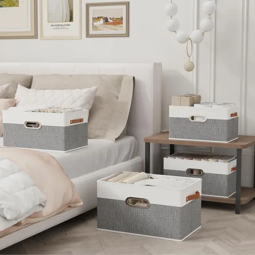 Vista 2 de Yawinhe Cestas de almacenamiento de tela, organizador plegable de armario para estantes, cajas grandes con 3 asas, contenedores de lona para ropa