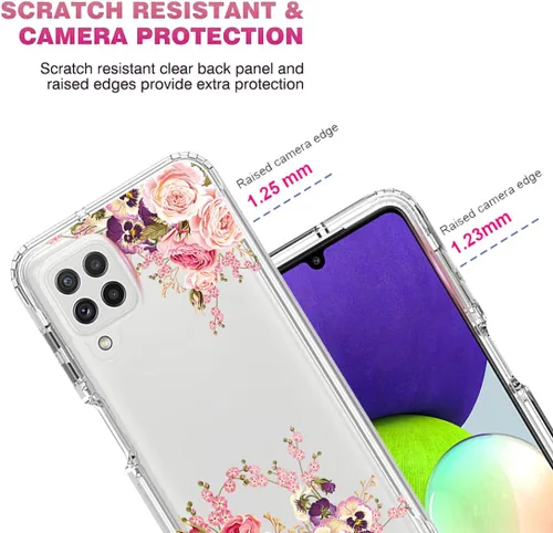 Vista 2 de Funda para Samsung Galaxy A22 4G/M32 4G SM-A225F con protector de pantalla de vidrio templado, cuerpo completo transparente con diseño floral, Flor