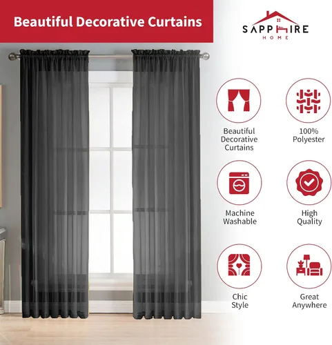 Vista 2 de Sapphire Home Cortinas traslúcidas negras de 63 pulgadas de largo, juego de 2 paneles de cortinas traslúcidas, filtrantes de luz, cortinas Negro
