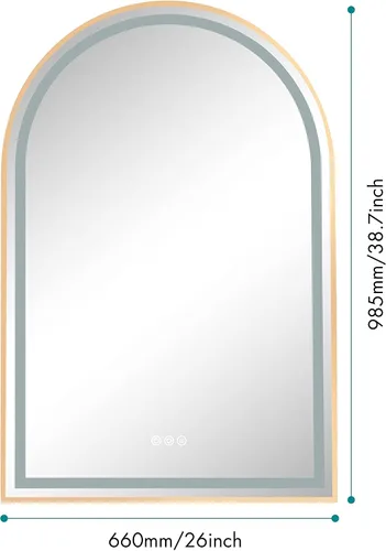 Vista 4 de 39 pulgadas de ancho x 26 pulgadas de alto, espejo LED rectangular de gran tamaño con marco de oro rosa, antiniebla, regulable, para montaje