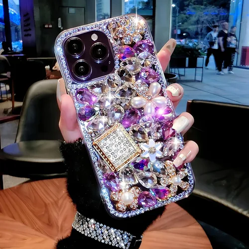 Vista 5 de Compatible con iPhone 6/6S/7/8 Bling Glitter Case Luxury Cute Sparkle Rhinestone Diamond Femenino Funda protectora para mujeres y niñas, color morado