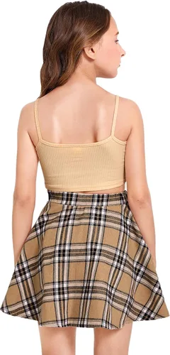 Vista 6 de WDIRARA Conjunto de 2 piezas para niña con estampado de dibujos animados y falda a cuadros