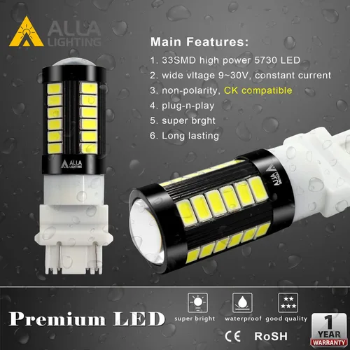 Vista 3 de Alla Lighting Bombillas LED T25 3156 3157 de 2800lm, Blanco Reversa/Señal/Freno/Cola Luces DRL 4114 3056 4057 4157 3457K 3057 6000K Xenon Xtreme