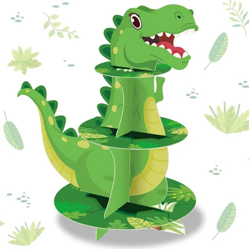 Vista 10 de Censen Soporte para cupcakes de dinosaurio de 3 niveles, decoración de fiesta con temática de dinosaurio, decoración de torre de postre